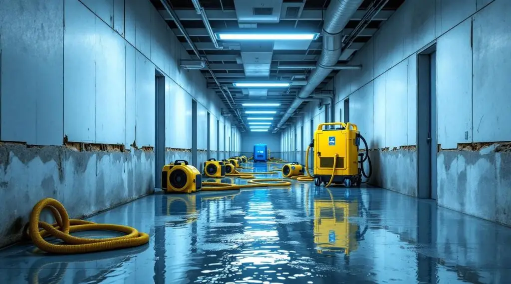 Commercial building lobby with a water leak being addressed by restoration technicians