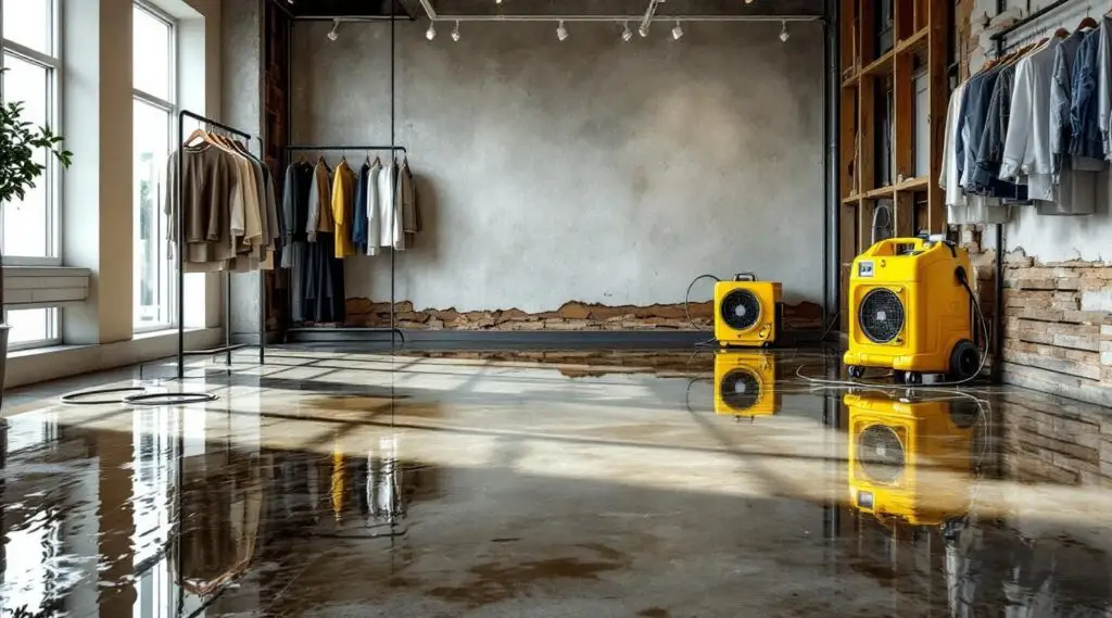 Commercial retail store aisle with water damage being assessed by a technician