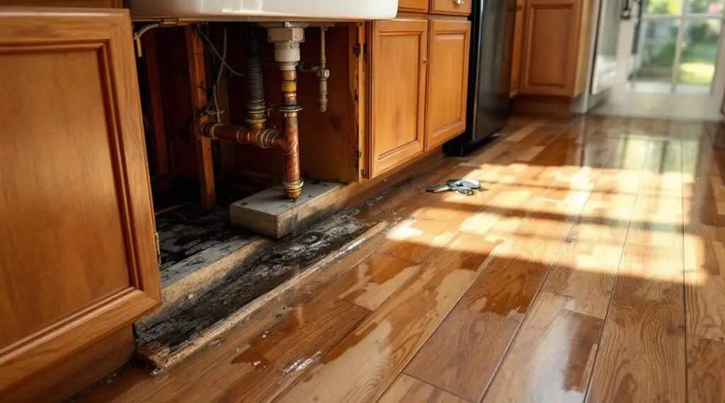 Kitchen floor with water damage from a leak, a technician assessing the situation.