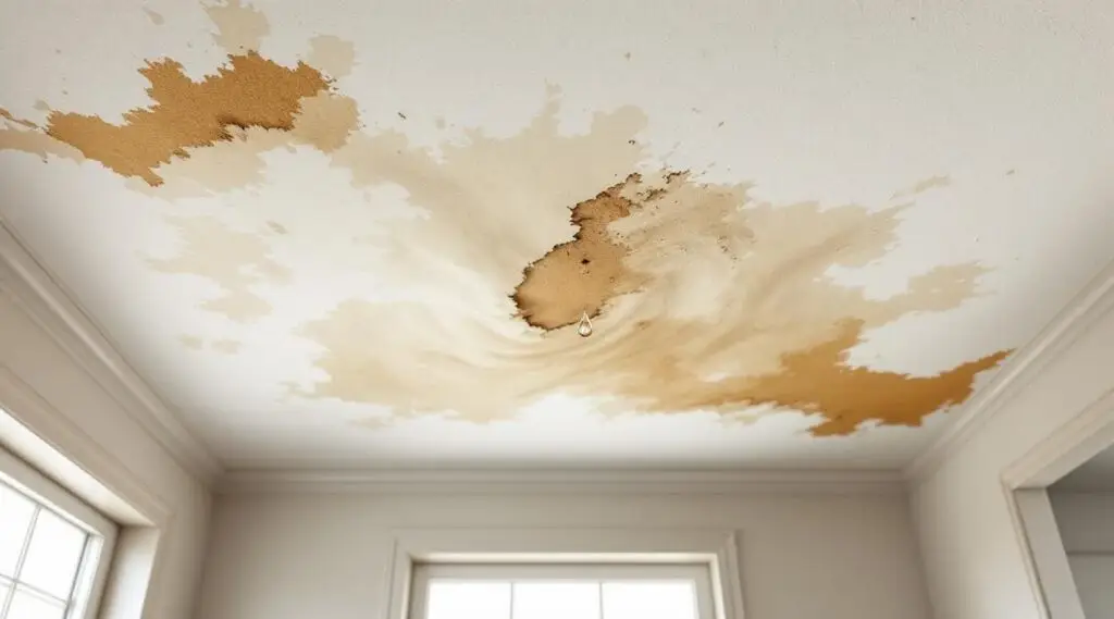 Water stains spreading across a residential ceiling, showing clear signs of damage