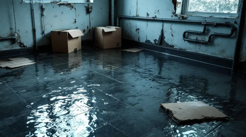 Flooded basement with standing water and damaged belongings, highlighting the urgency of cleanup