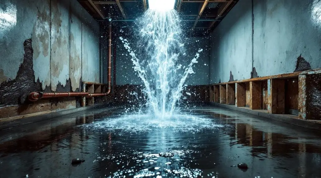 Water gushing from a burst pipe in a basement, requiring emergency restoration.