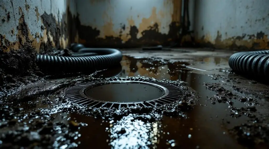 Professional team in hazmat suits cleaning up a severe sewage backup in a flooded Boulder basement.