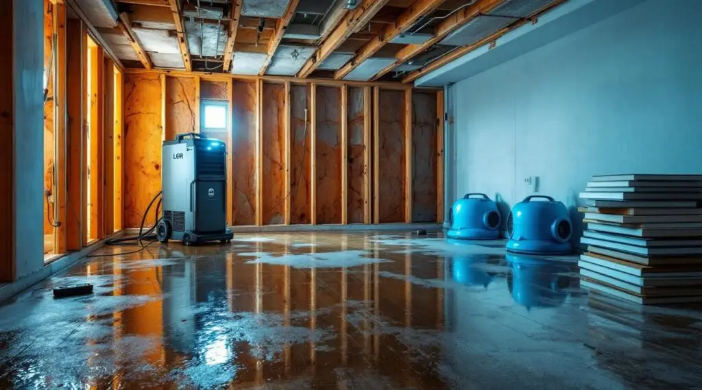 Residential living room floor covered in floodwater, with a technician assessing the damage.