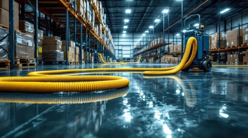 Commercial warehouse floor covered in standing water with restoration technicians using industrial water extractors.