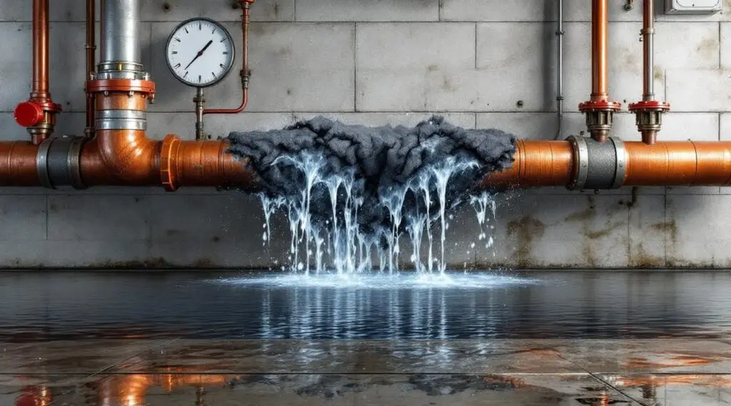 Commercial building interior with water damage from a burst pipe, showing water on the floor