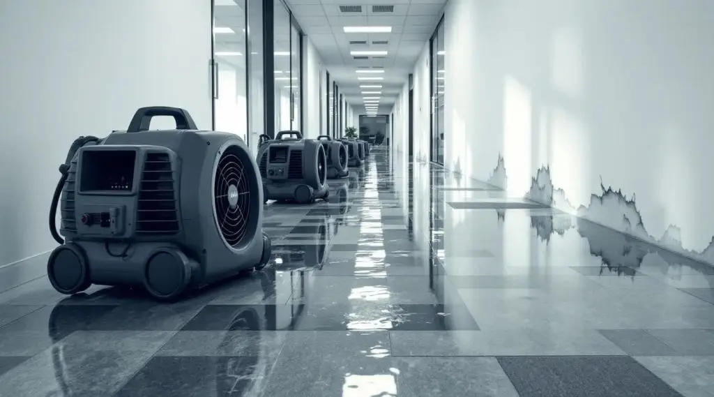 Flooded office hallway with water damage restoration technicians assessing the scene