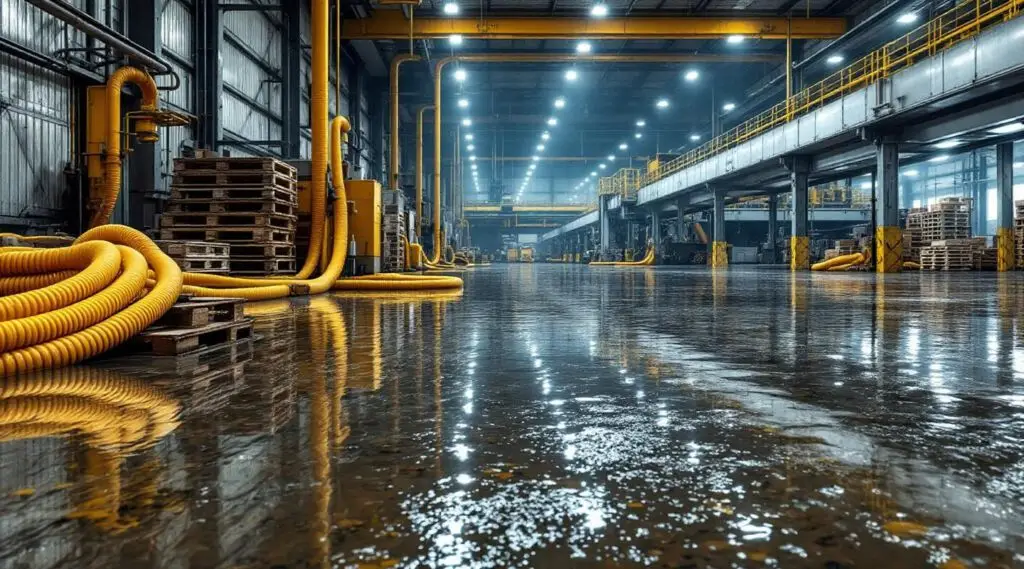 Industrial facility floor covered in floodwater with water extraction equipment visible