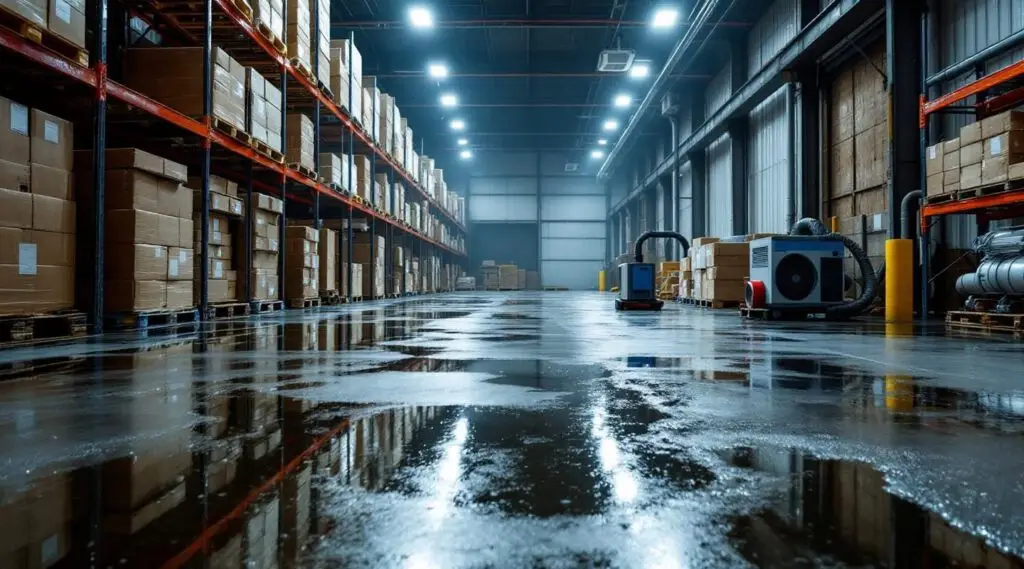 Large warehouse interior with standing water on the floor, showing the scale of commercial water damage.