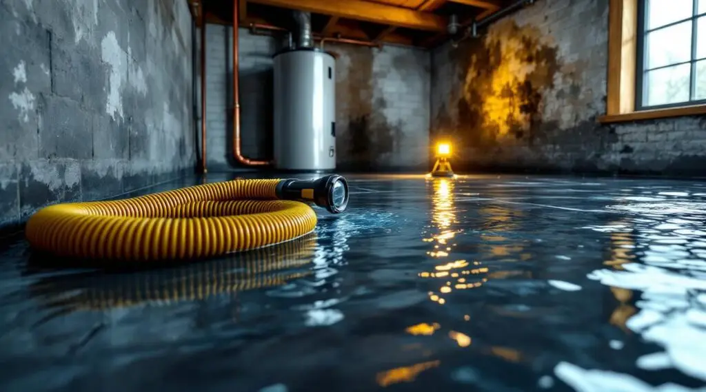 Flooded living room with professional water damage restoration equipment