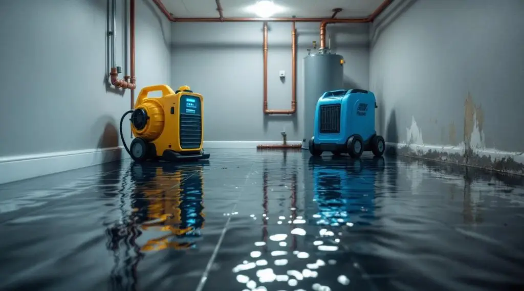 AVD Water Damage Restoration LLC team responding to a severe flooded basement with specialized equipment