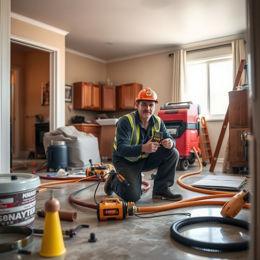 A water damage restoration technician using a moisture meter on a wall in a Superior, Colorado home, ensuring thorough drying.