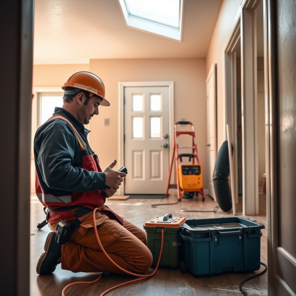 Water damage restoration technician using a thermal imaging camera to detect hidden moisture in a wall of a Broomfield home.