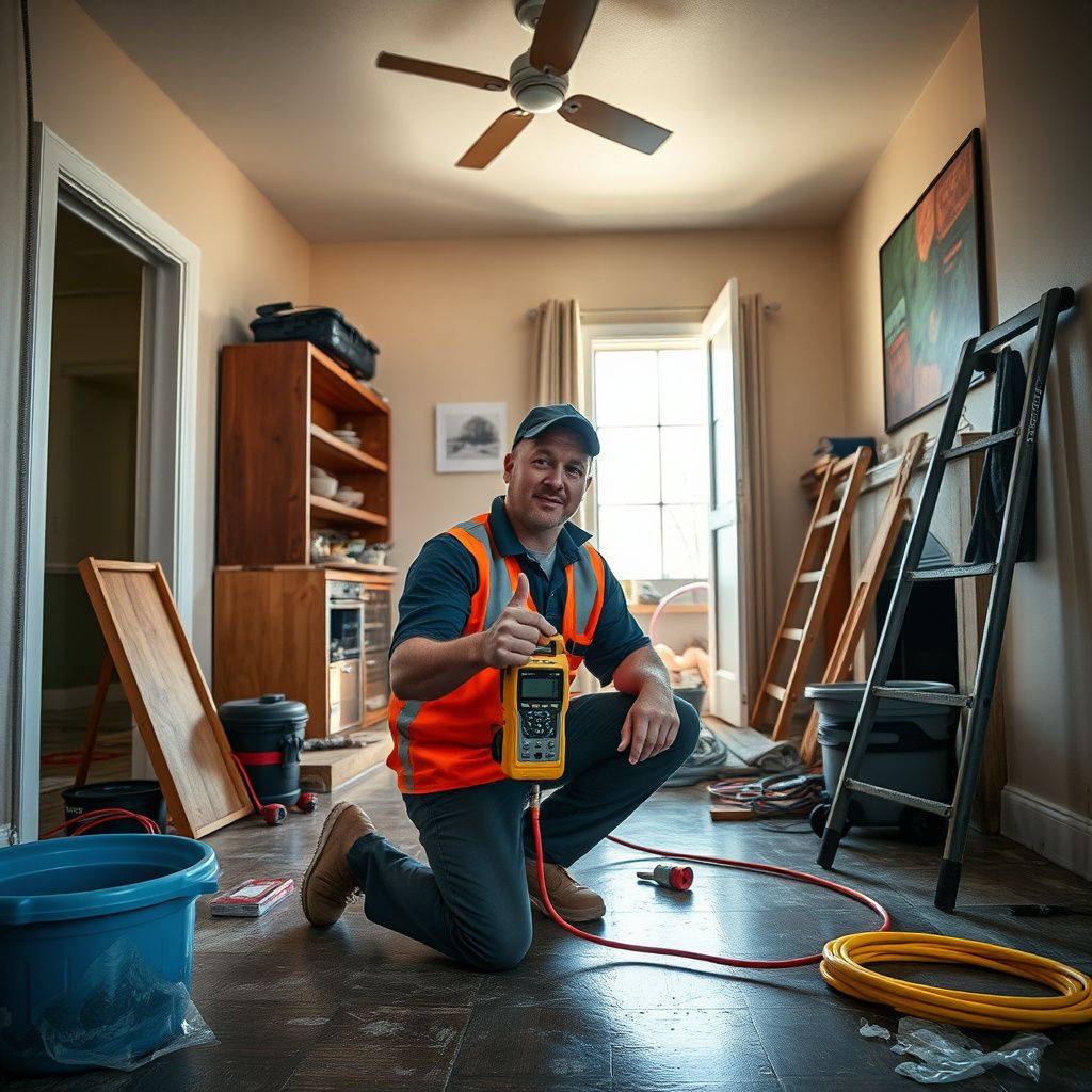 AVD Water Damage Restoration LLC technician explaining the structural drying process to an Englewood homeowner in a clean, restored living room.
