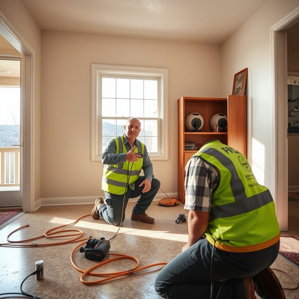 A water damage technician from AVD Water Damage Restoration LLC inspecting a damp wall in a Littleton, Colorado home.