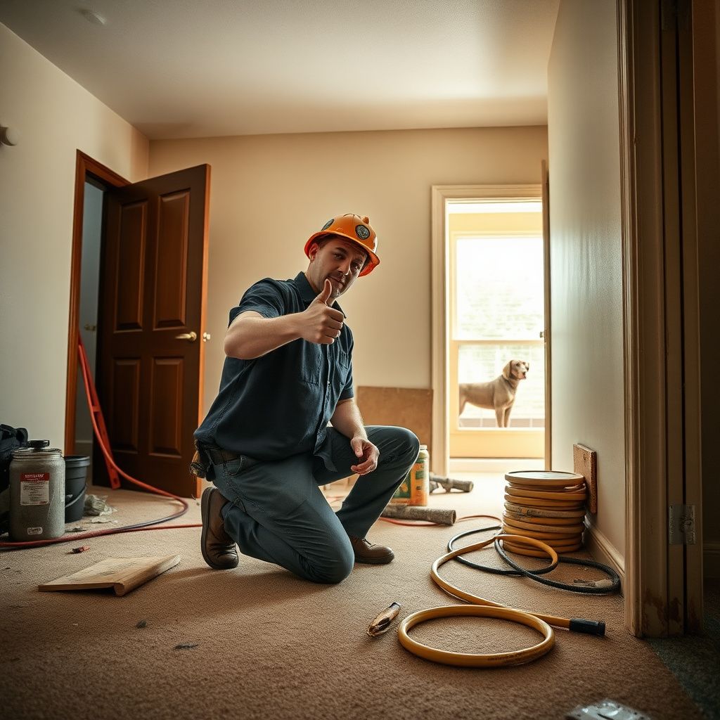 A professional technician from AVD Water Damage Restoration LLC inspecting a damp wall with a thermal camera in a Lakewood home.
