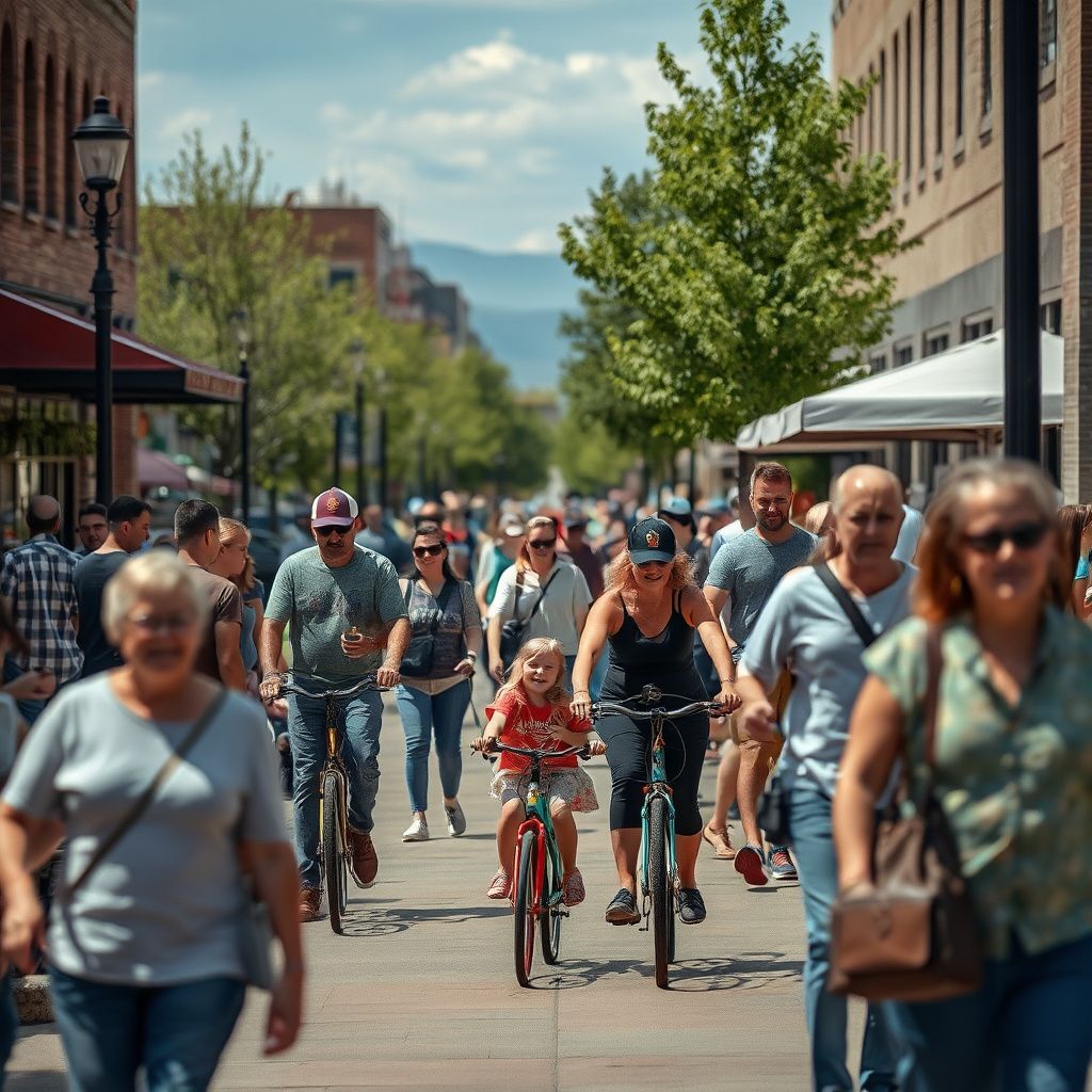 Historic brick buildings and tree-lined streets in downtown Boulder, Colorado, with the Flatirons visible in the background under a clear sky.