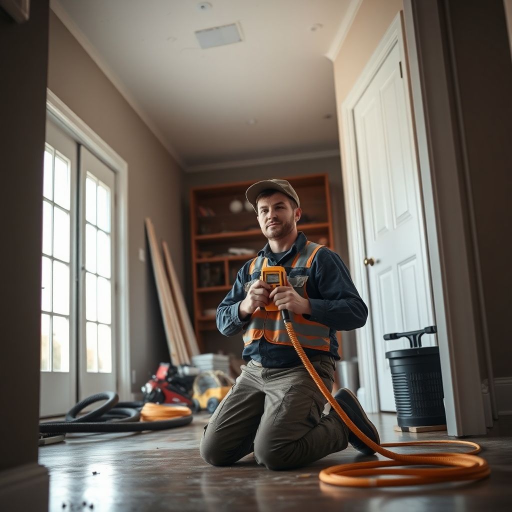 A technician using a moisture meter to assess water damage in a Louisville, Colorado home.
