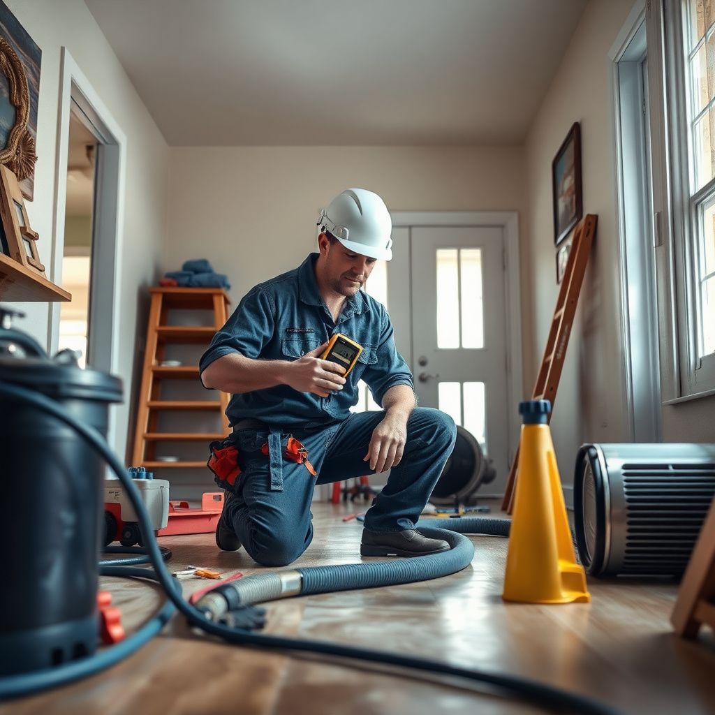 A water damage restoration technician in Westminster, Colorado, using an infrared camera to detect hidden moisture behind a wall in a residential basement.