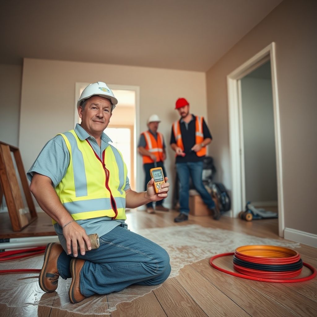 A water damage restoration technician explaining the drying process to a homeowner in a Wheat Ridge living room, pointing to a moisture meter.