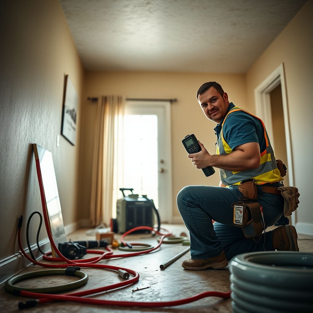 AVD Water Damage Restoration LLC technician using an advanced moisture meter to detect hidden water in a wall cavity of an Aurora home.