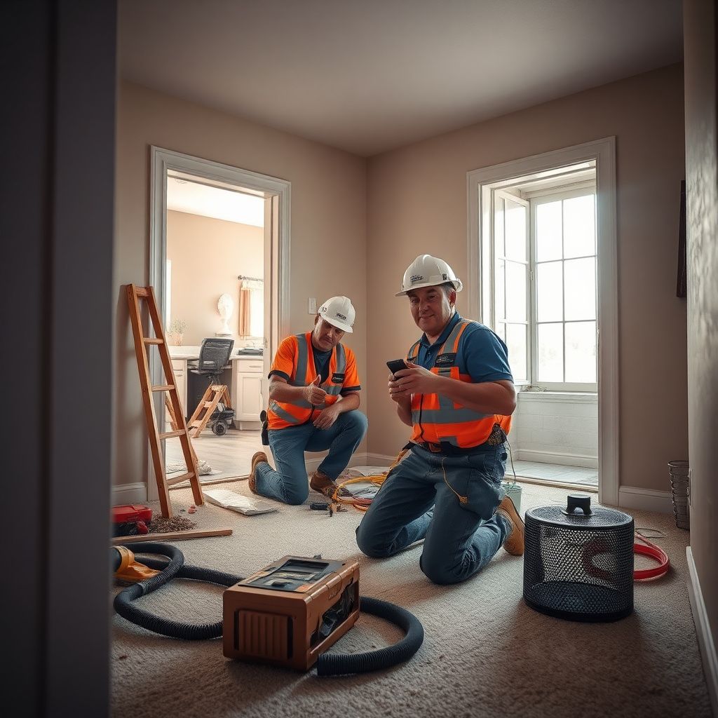 A technician explaining the structural drying process to a Denver homeowner, pointing to equipment in a clean, restored basement.