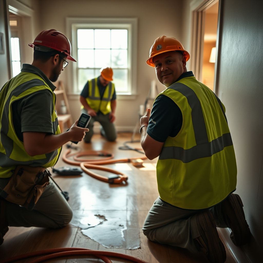Water damage restoration technician in Golden, Colorado, explaining moisture readings to a homeowner in a recently flooded basement.