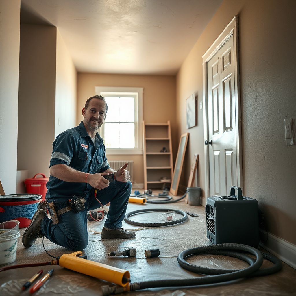A technician wearing PPE inspecting a water-damaged basement in a Boulder home, with professional drying equipment in the background.